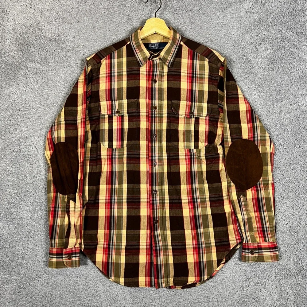 Polo Ralph Lauren Button Down Shirt Mens S Brown‎ Excellent Plaid Elbow Patches